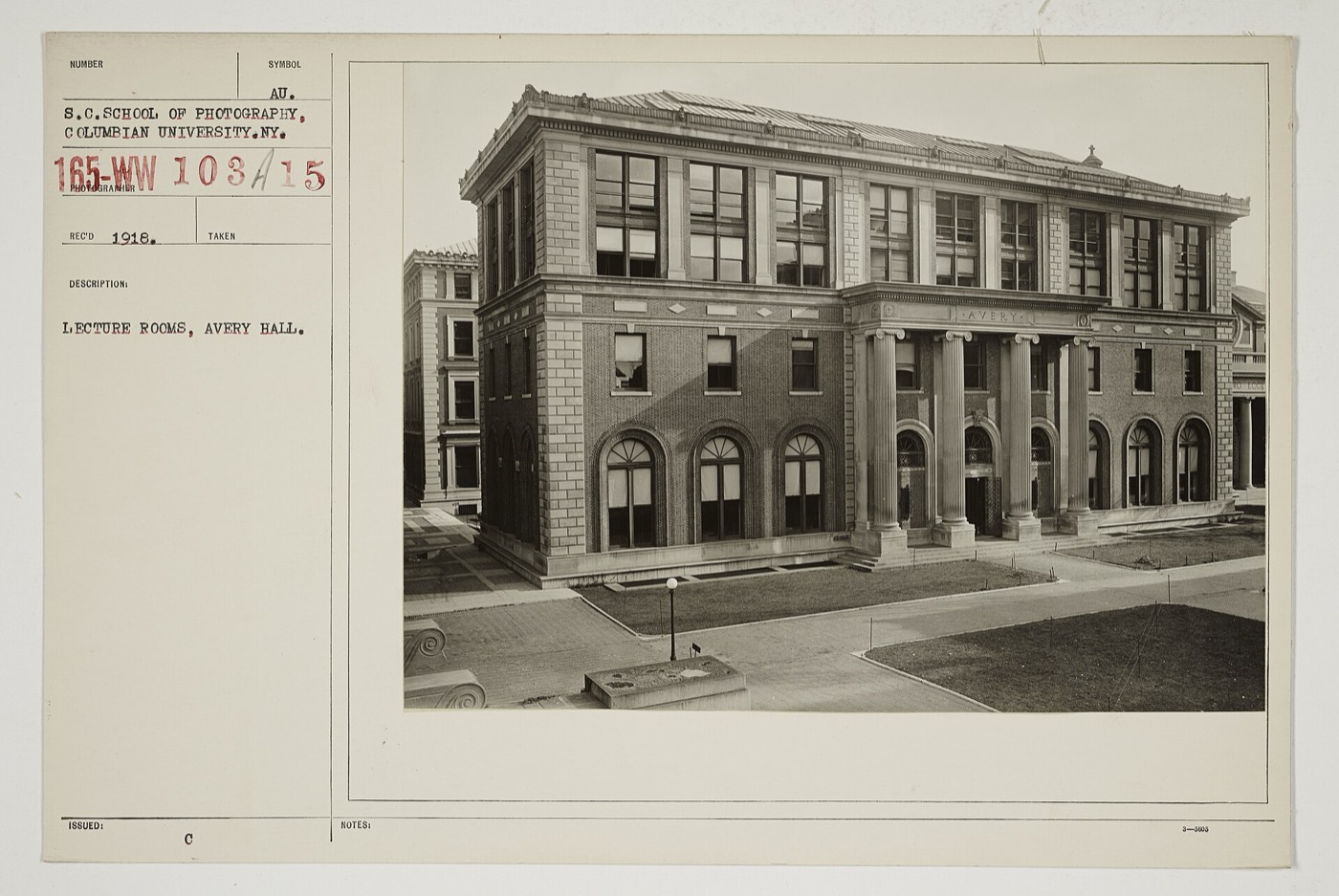 A lecture room in Avery Hall, Columbia University, around 1917