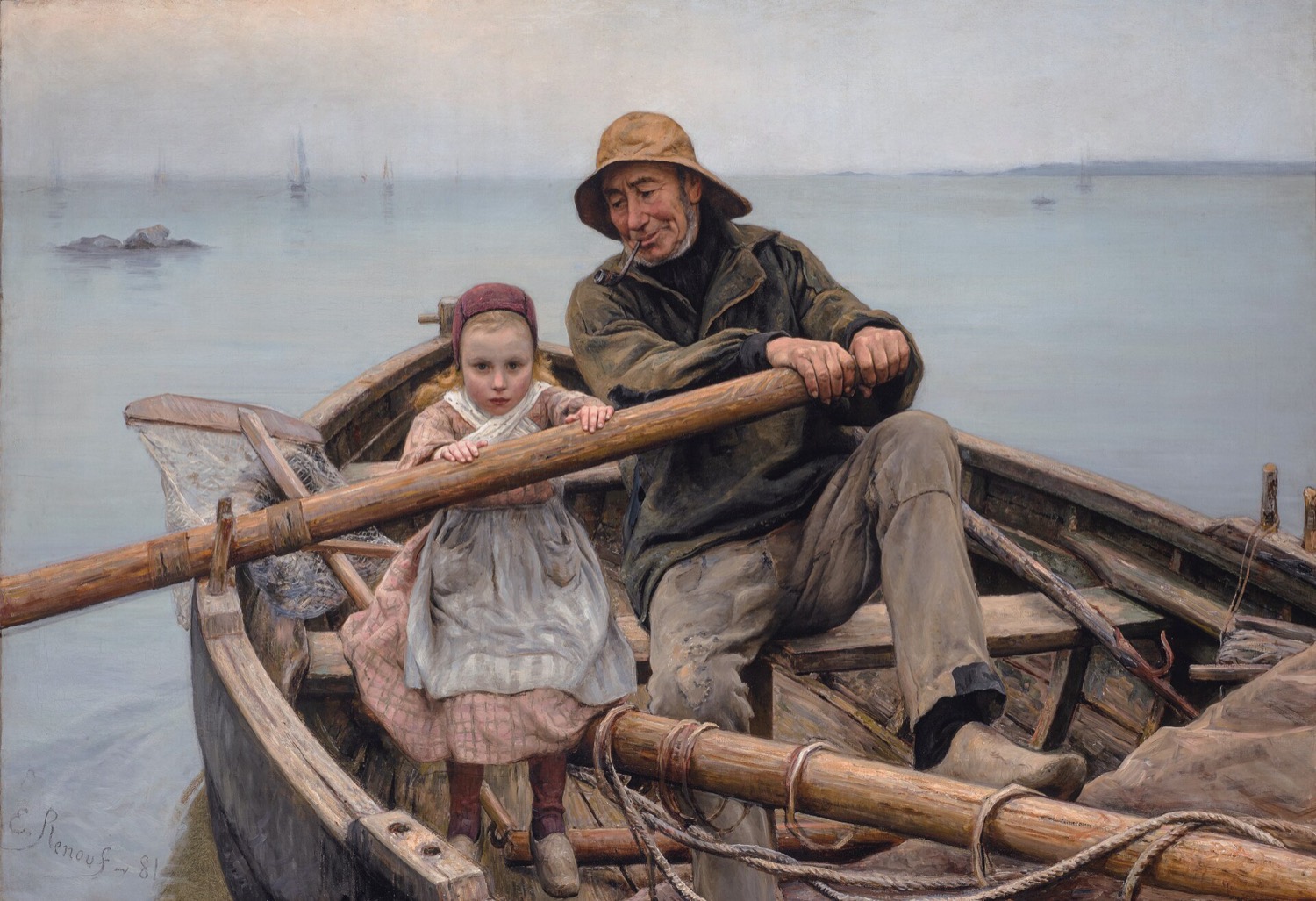 The Helping Hand, an 1881 painting by Émile Renouf: an old sailor rowing with a small girl, his hand steadying her oar